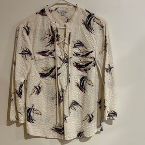 L.L. Bean Cream Blouse with Black and Red Pattern